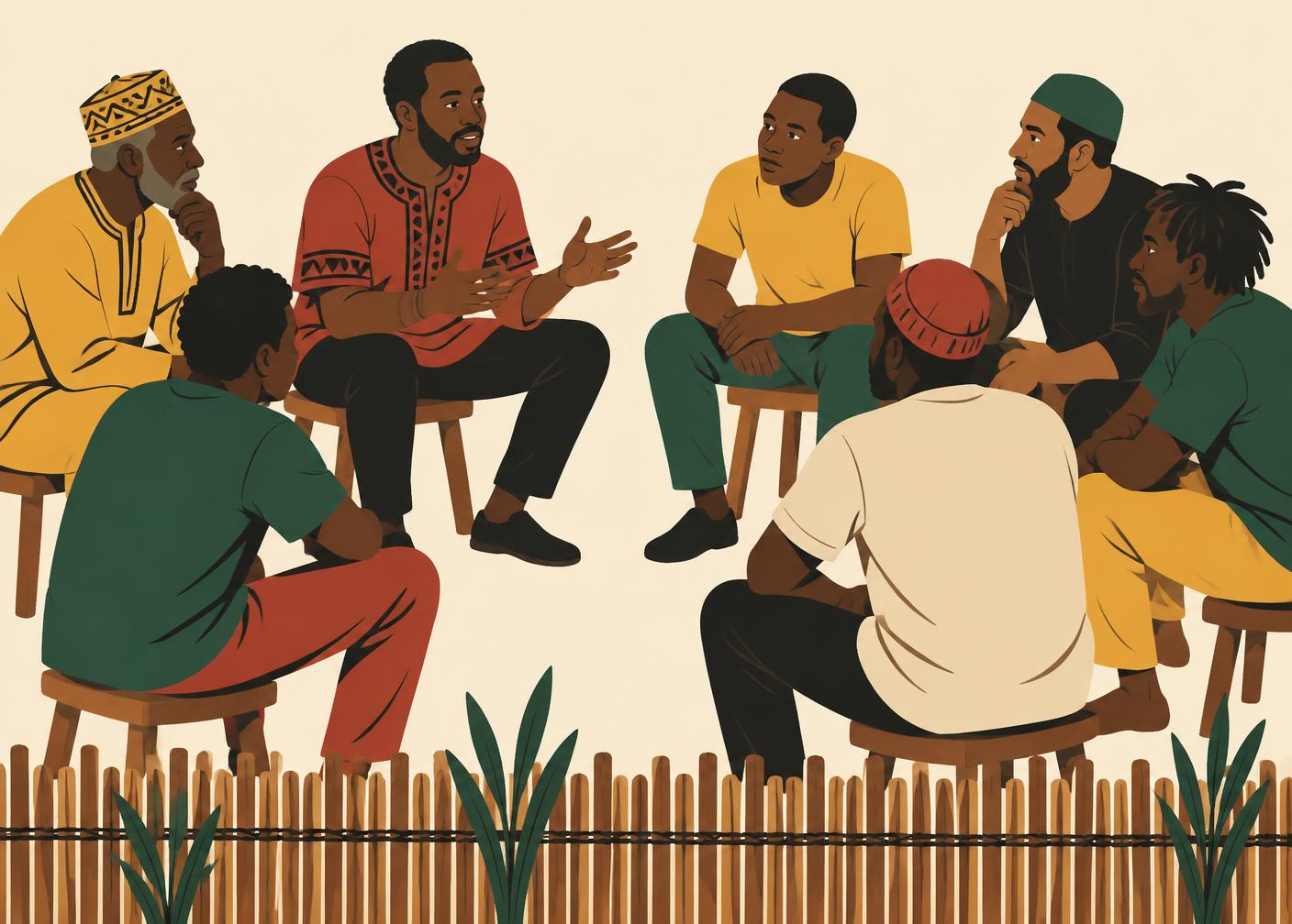 A circle of men seated in conversation during an Esangweni men's dialogue session
